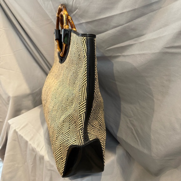 Vintage Talbots Bamboo-Handle Woven Black Tan Tote w/ Leather Trim Chic Elevated - Picture 5 of 13